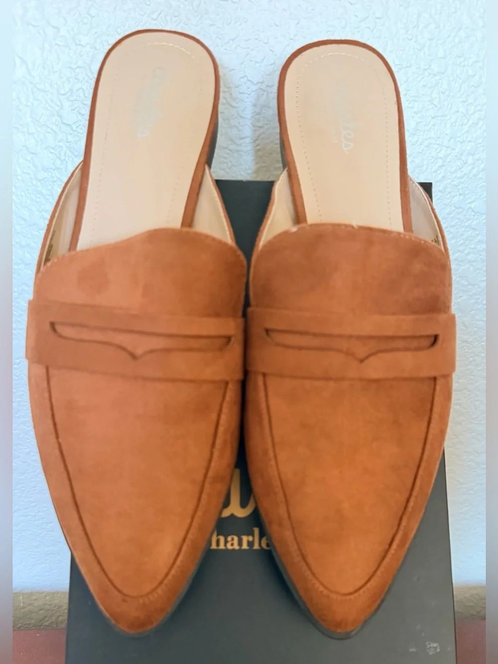 Charles, by Charles & David. Enya Suede Penny Loafer Mule in Cognac Brown. 10M